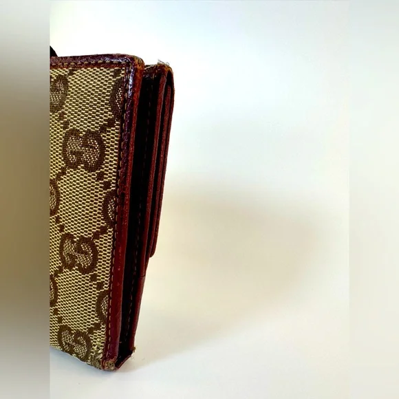 Gucci Wallet GG Supreme Bifold with Oxblood Leather & Logo Bar Plaque Authentic - Picture 4 of 16